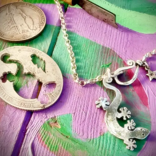 Handmade and upcycled silver coin Gecko necklace pendant