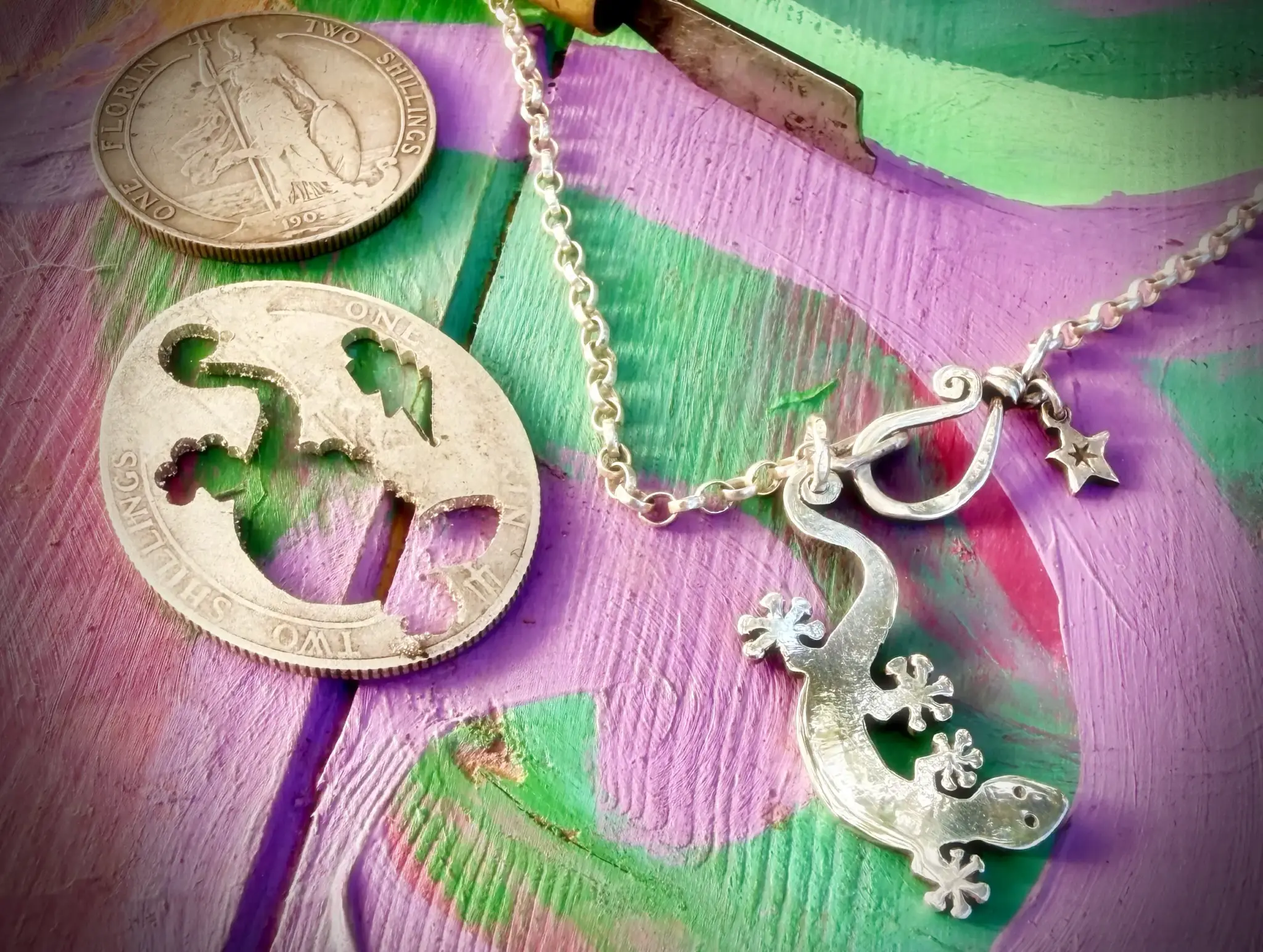 Handmade and upcycled silver coin Gecko necklace pendant