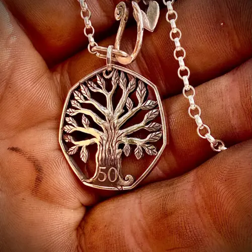 solid silver fifty pence tree necklace pendant made in England