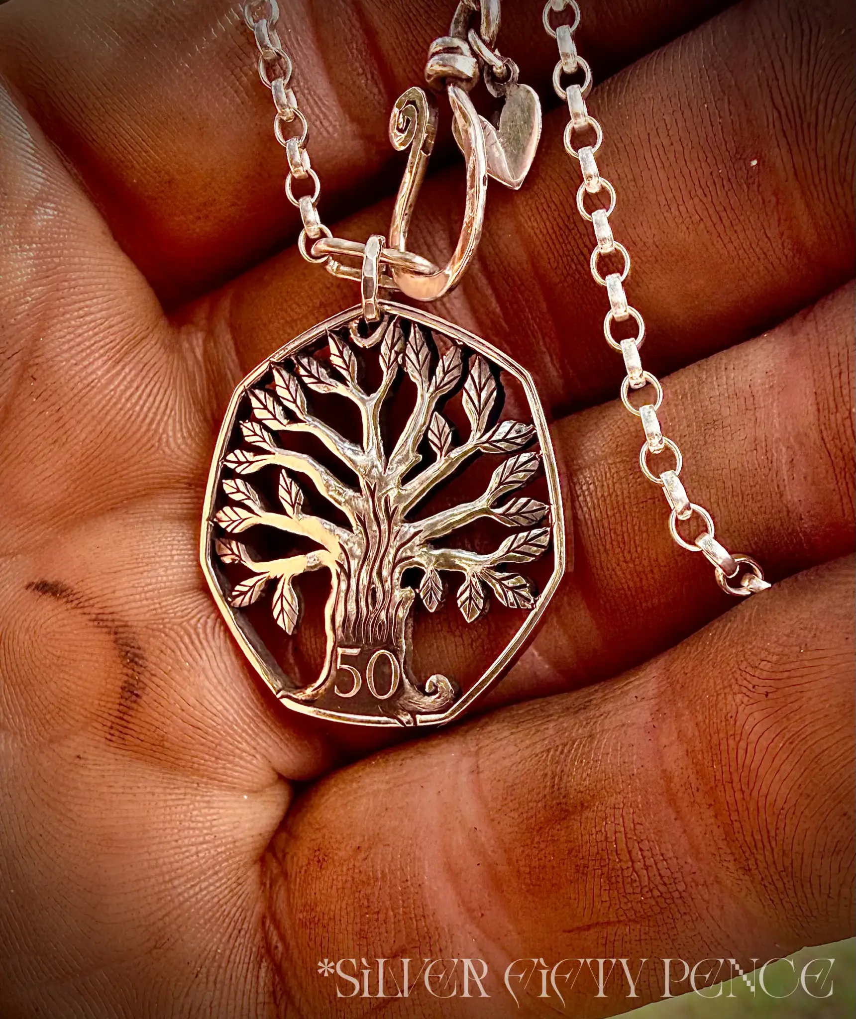 solid silver fifty pence tree necklace pendant made in England
