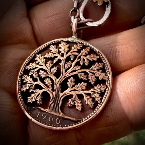 the old oak penny handmade and upcycled using out of circulation coins by Hairy Growler, Cambridge. Made in England