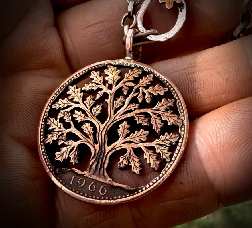 the old oak penny handmade and upcycled using out of circulation coins by Hairy Growler, Cambridge. Made in England