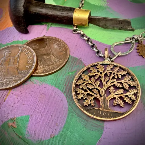 the old oak penny handmade and upcycled using out of circulation coins by Hairy Growler, Cambridge. Made in England