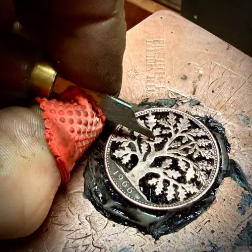 the old oak penny handmade and upcycled using out of circulation coins by Hairy Growler, Cambridge. Made in England