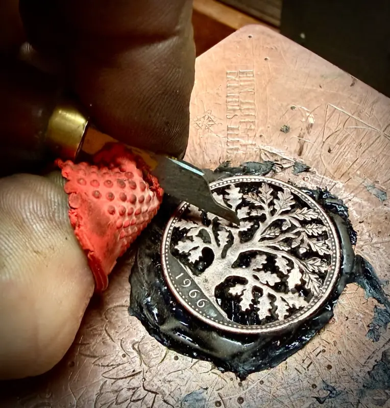 the old oak penny handmade and upcycled using out of circulation coins by Hairy Growler, Cambridge. Made in England