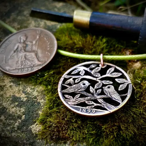 cute bird jewellery made from upcycled coins