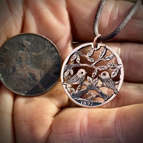 cute bird jewellery made from upcycled coins