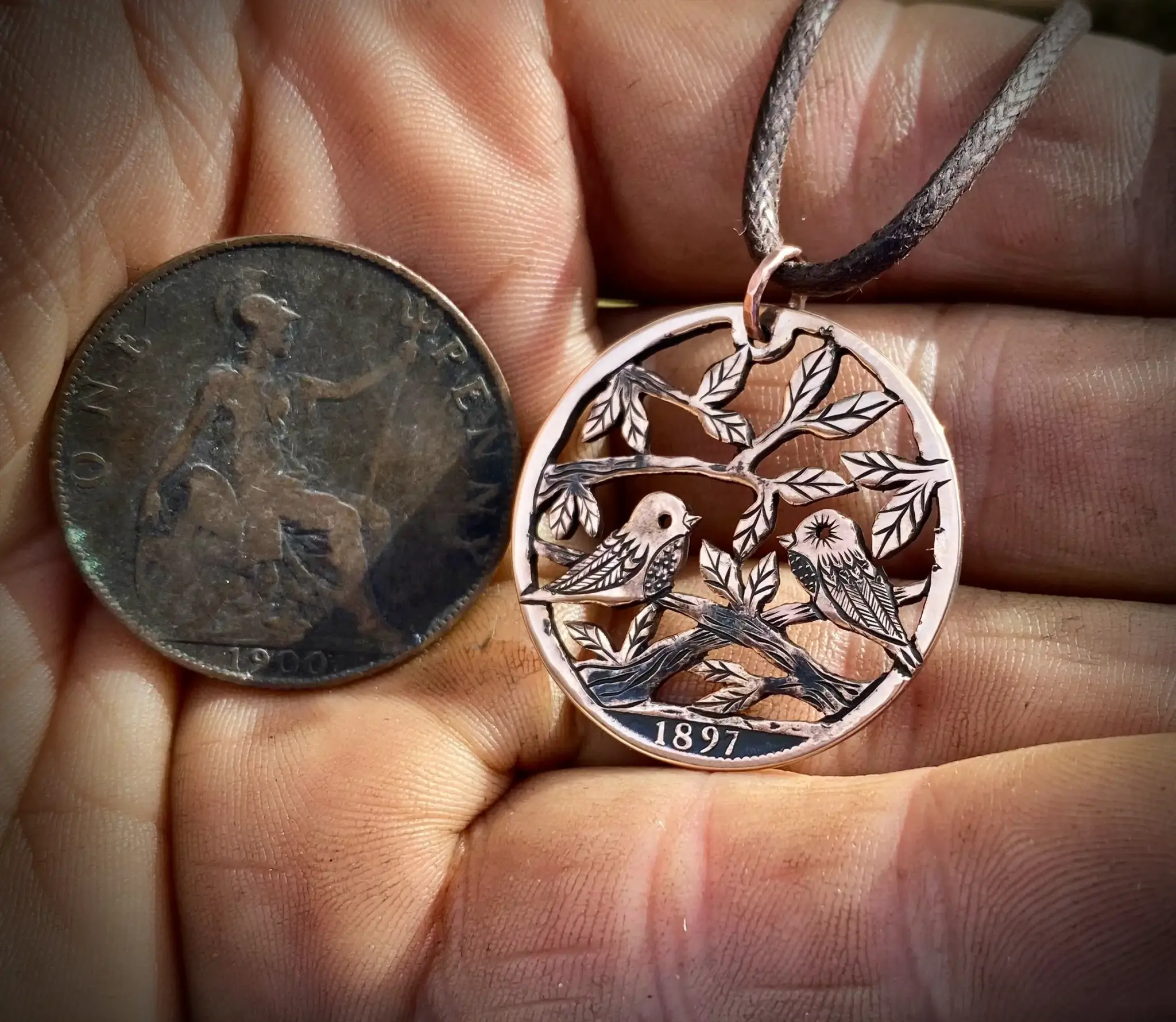 cute bird jewellery made from upcycled coins