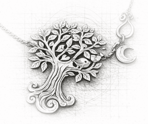 handcrafted and recycled silver coin bird and tree necklace for lovers. Utterly contemporary and original