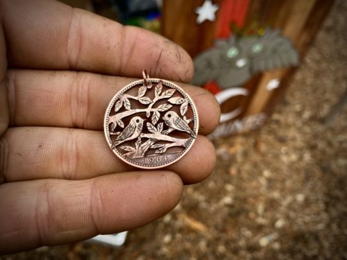 together we sing recycled penny coin pendant spring birds details