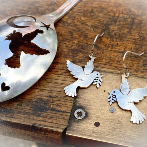 handcrafted and recycled spoon peace-dove earrings Holy Spirit paraclete