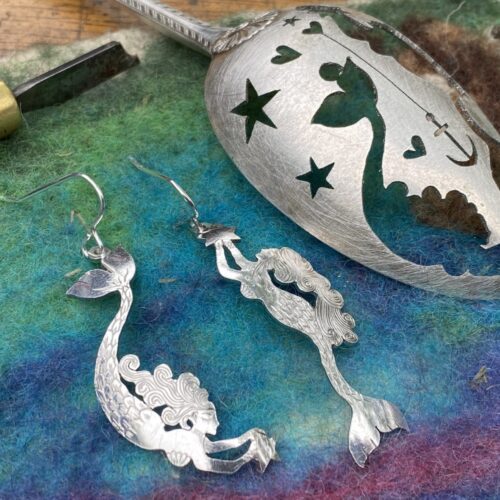 handmade and upcycled spoon mermaid earrings