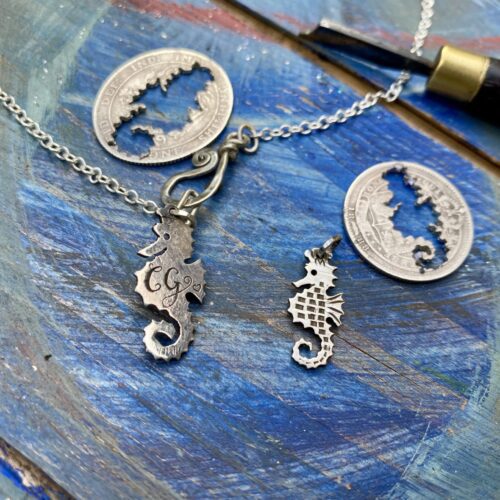 Handcrafted and ethical recycled silver shilling seahorse necklace pendant