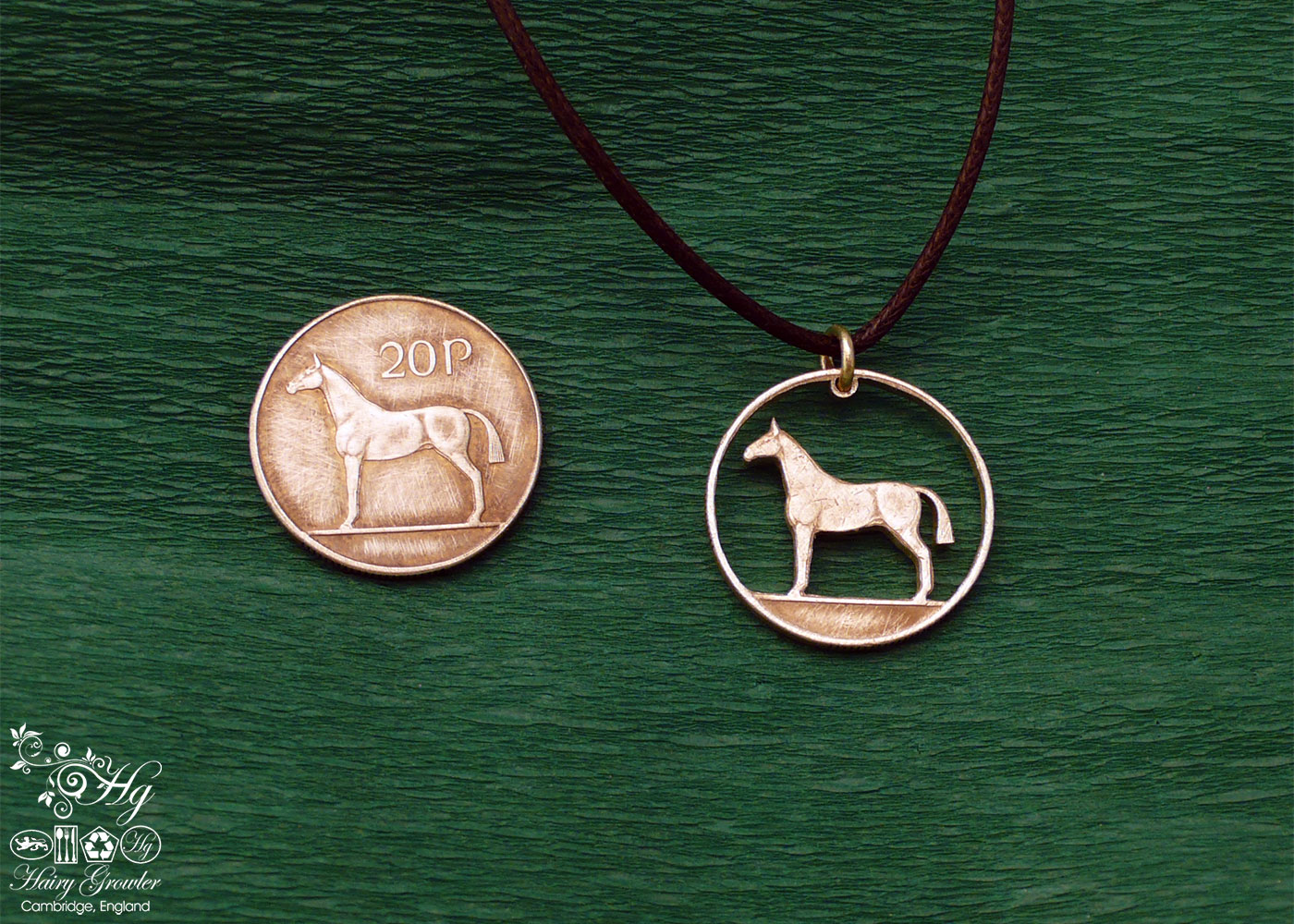 Handcrafted and recycled irish hunter horse coin pendant necklace