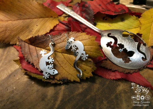 handcrafted and recycled spoon gecko earrings