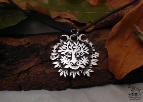 Handcrafted and recycled silver triple moon greenman necklace