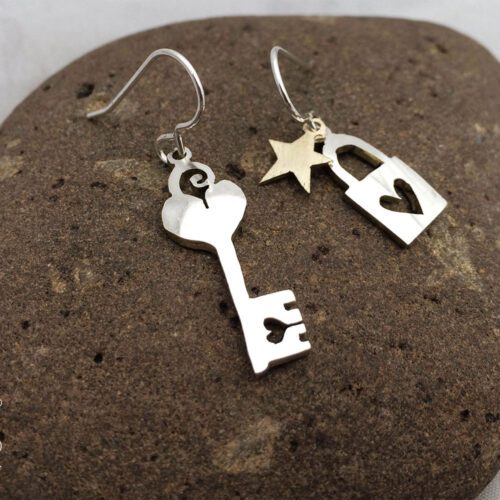handcrafted and recycled spoon lock-and-key earrings