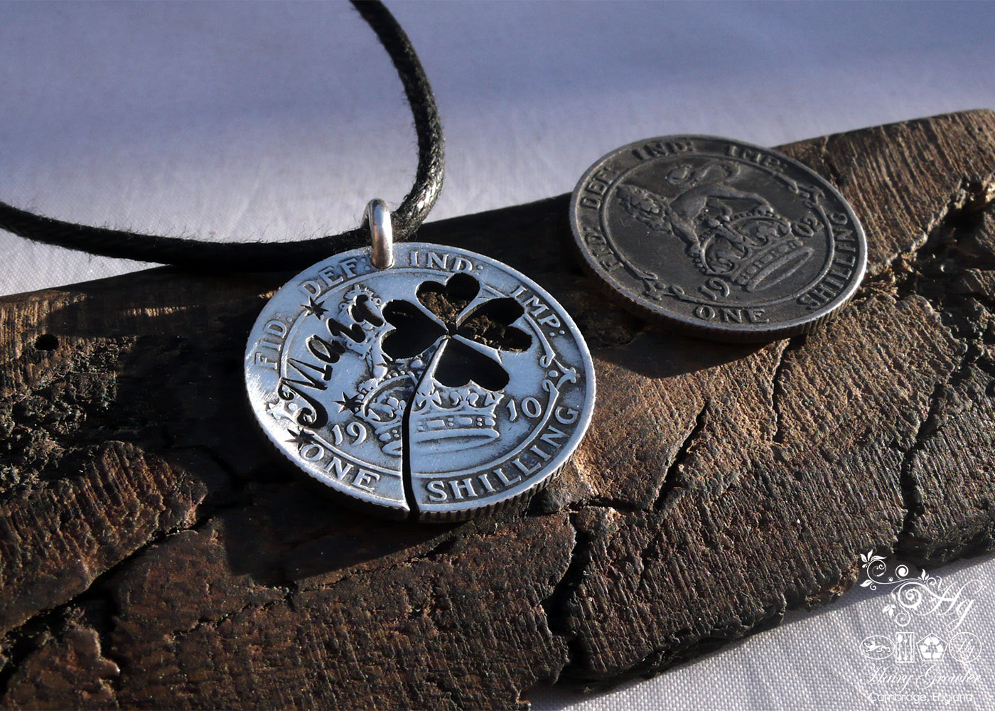 Handcrafted and recycled lucky silver shilling coin necklace pendant