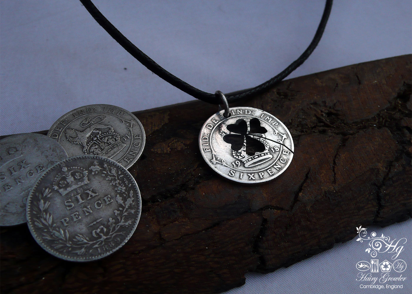 Handcrafted and recycled lucky silver sixpence coin necklace pendant