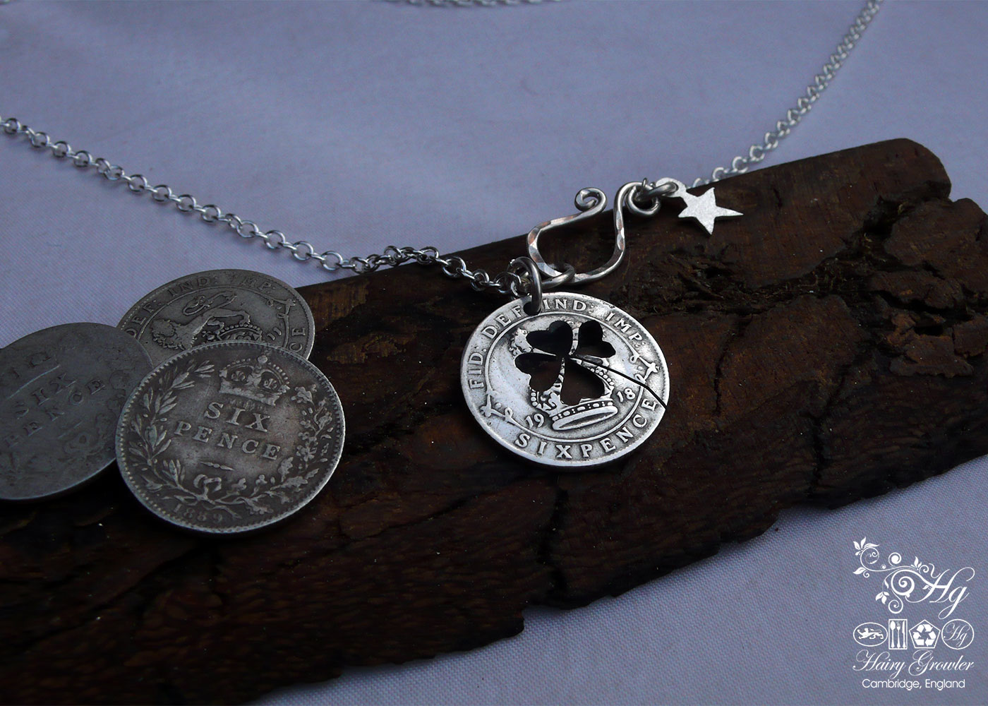 Handmade and repurposed lucky silver sixpence coin necklace pendant