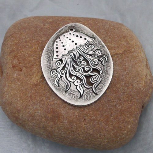 Handcrafted and recycled silver two shilling medusa jellyfish necklace