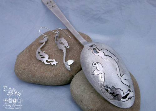 handmade and upcycled spoon mermaid earrings