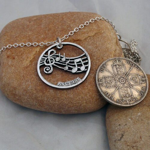 Handcrafted and recycled coin musical notes pendant necklace