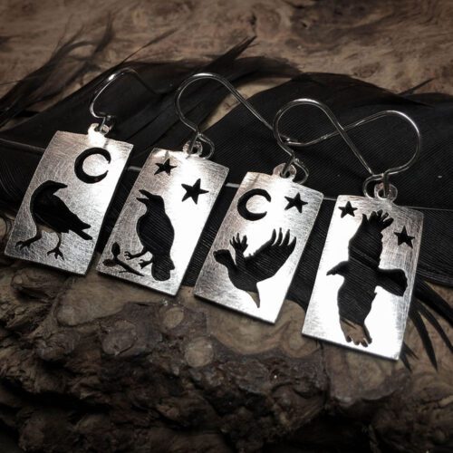 handmade and recycled spoon nevermore raven earrings