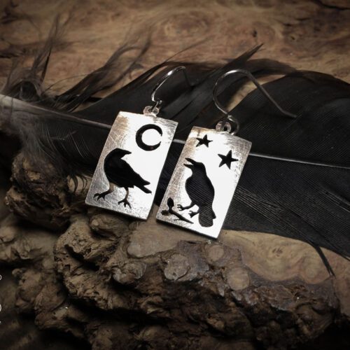 handcrafted and repurposed spoon nevermore raven earrings