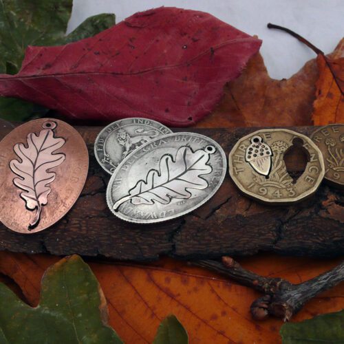 Handcrafted and recycled oak leaves and acorn necklace