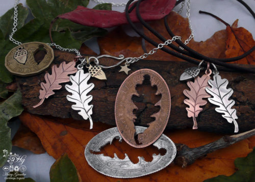 Handmade and upcycled oak leaves and acorn necklace reverse of coin
