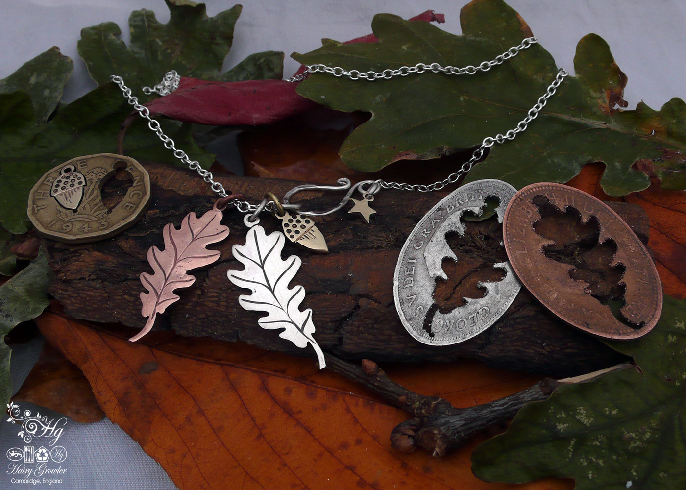 Handcrafted and recycled oak leaves and acorn necklace