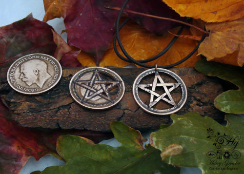 Hand cut pentacle coin pendant made as a personal talisman
