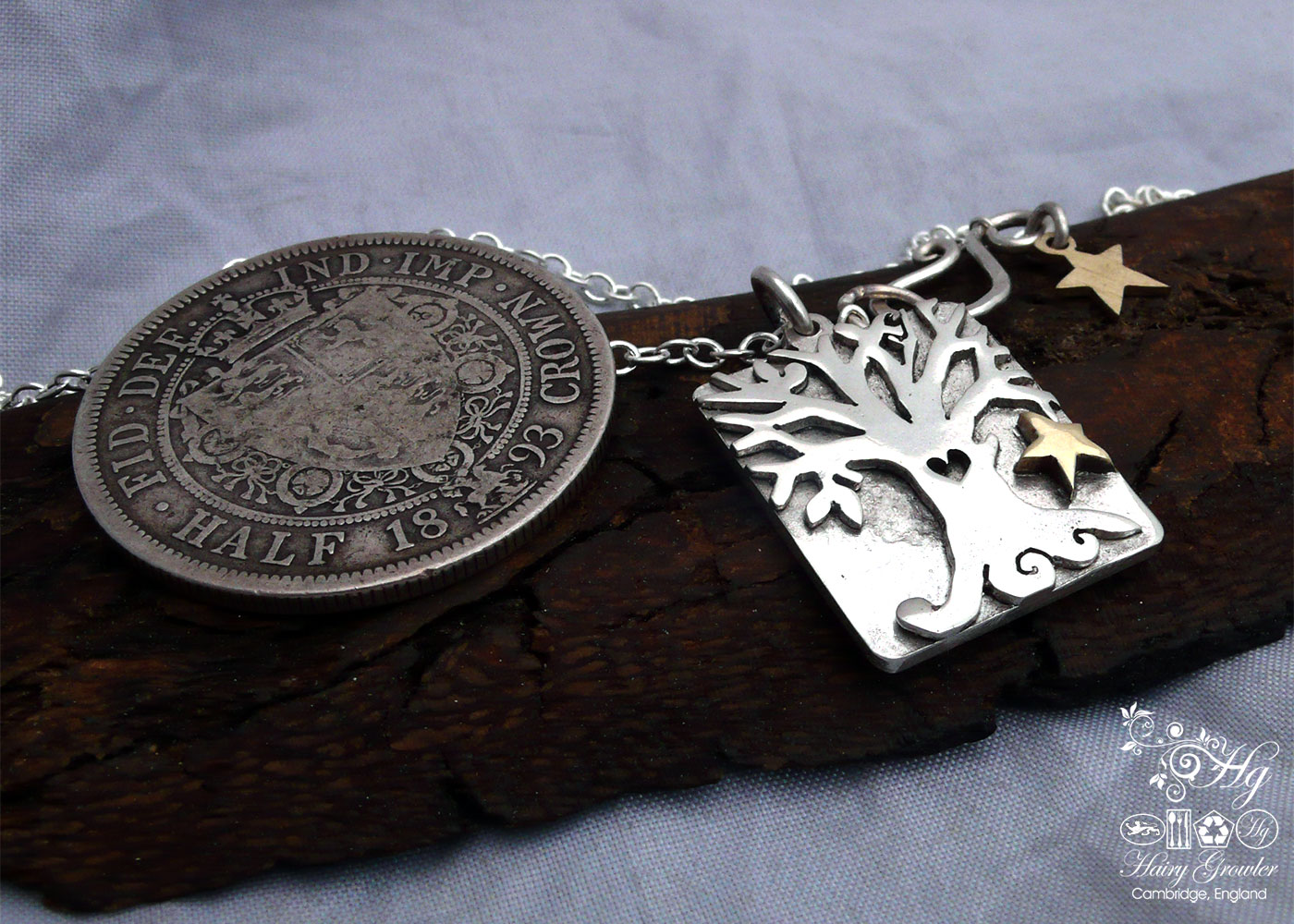 Hand carved and recycled Victorian silver coins autumn tree necklace made in Cambridge
