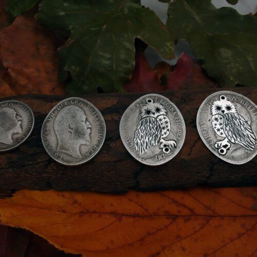 homemade and repurposed silver Georgian shilling owl earrings made in Cambridge