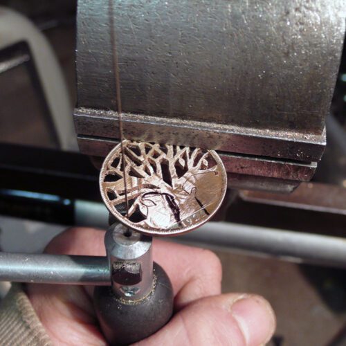 Handcrafted and recycled coin pendant necklace autumn tree