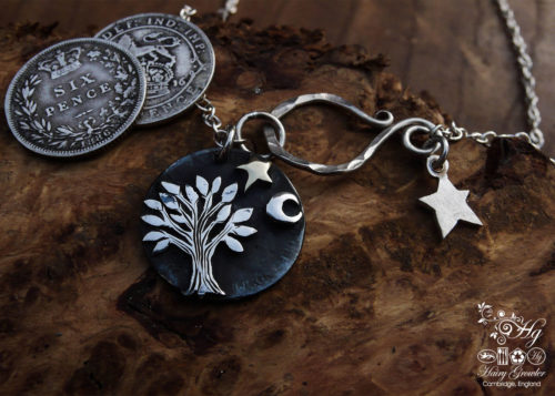 sterling silver sixpence coin transformed into a sweet little tree necklace