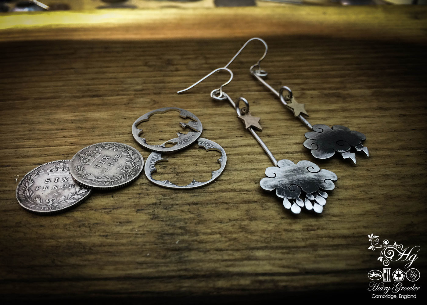 The Official Hairy Growler Jewellery Co. Cambridge - handmade and upcycled silver sixpence cloud earrings