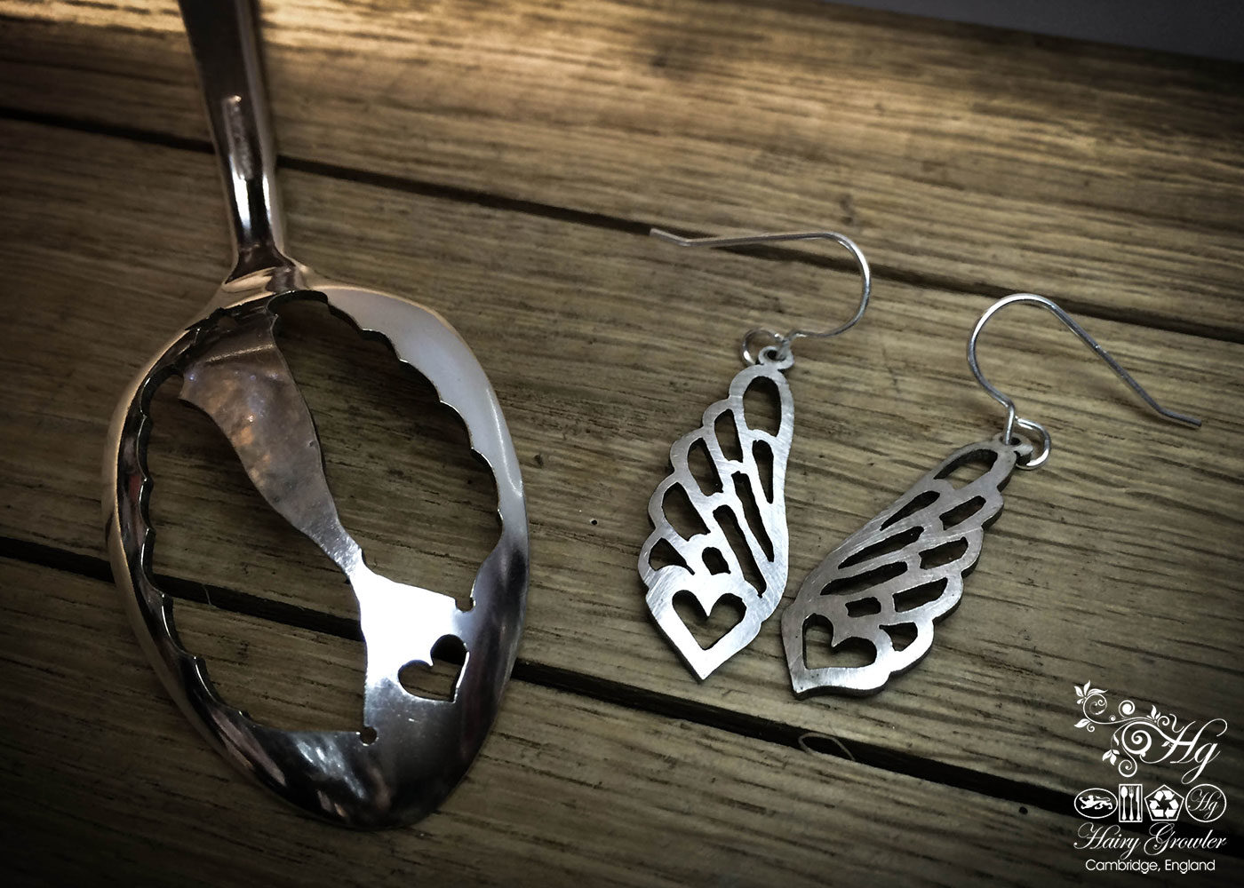 angel wings handcrafted and recycled spoon bird earrings