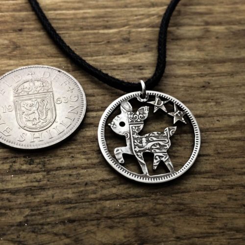Handcrafted and recycled Bambi pendant necklace made from a repurposed coin
