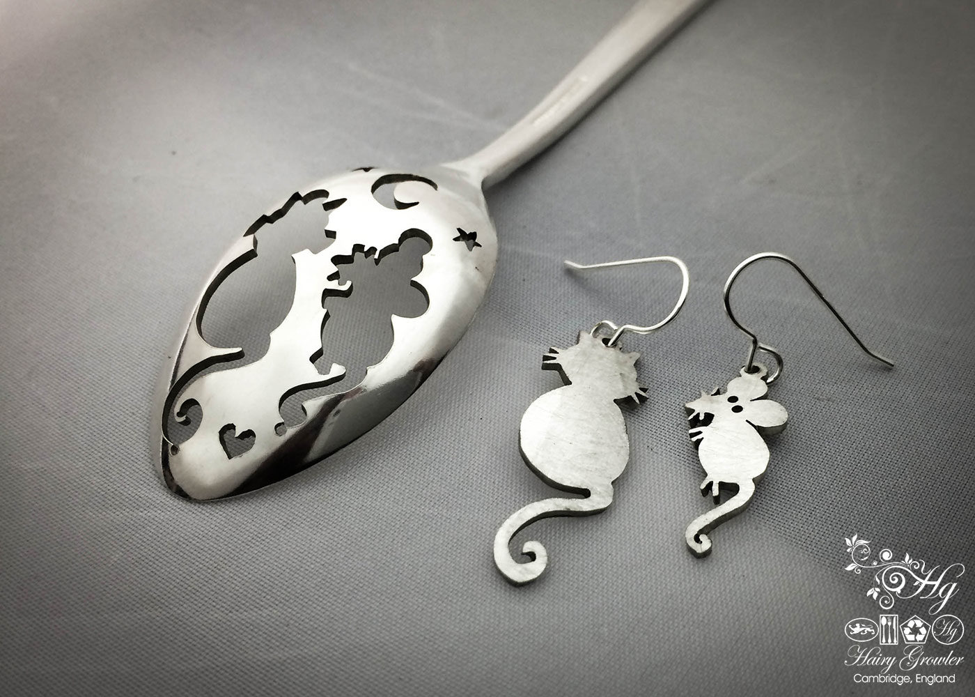 handmade and upcycled teaspoon cat and mouse earrings