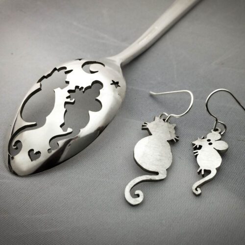 handmade and upcycled teaspoon cat and mouse earrings