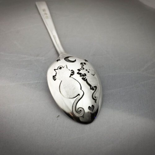 handmade and upcycled teaspoon cat and mouse earrings