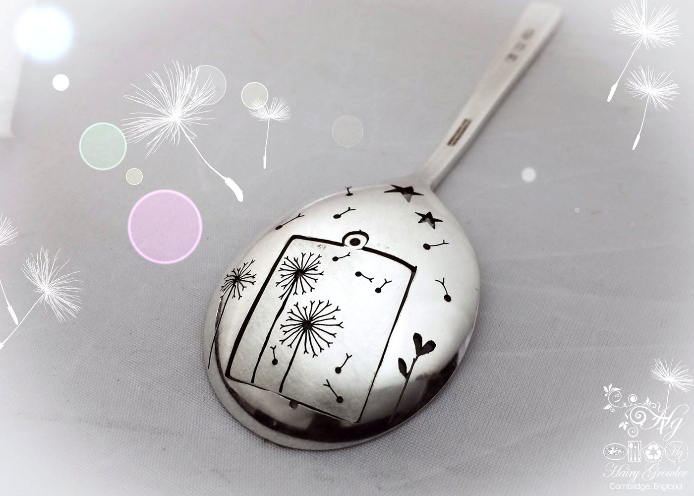 Handmade and upcycled dandelion clock necklace reverse of spoon