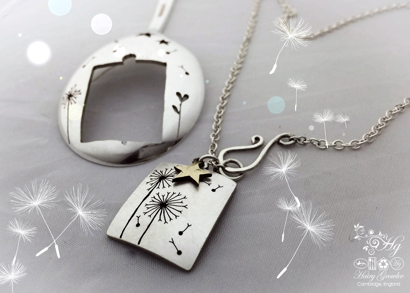 Dandelion clock jewellery Handmade and upcycled dandelion clock necklace reverse of spoon