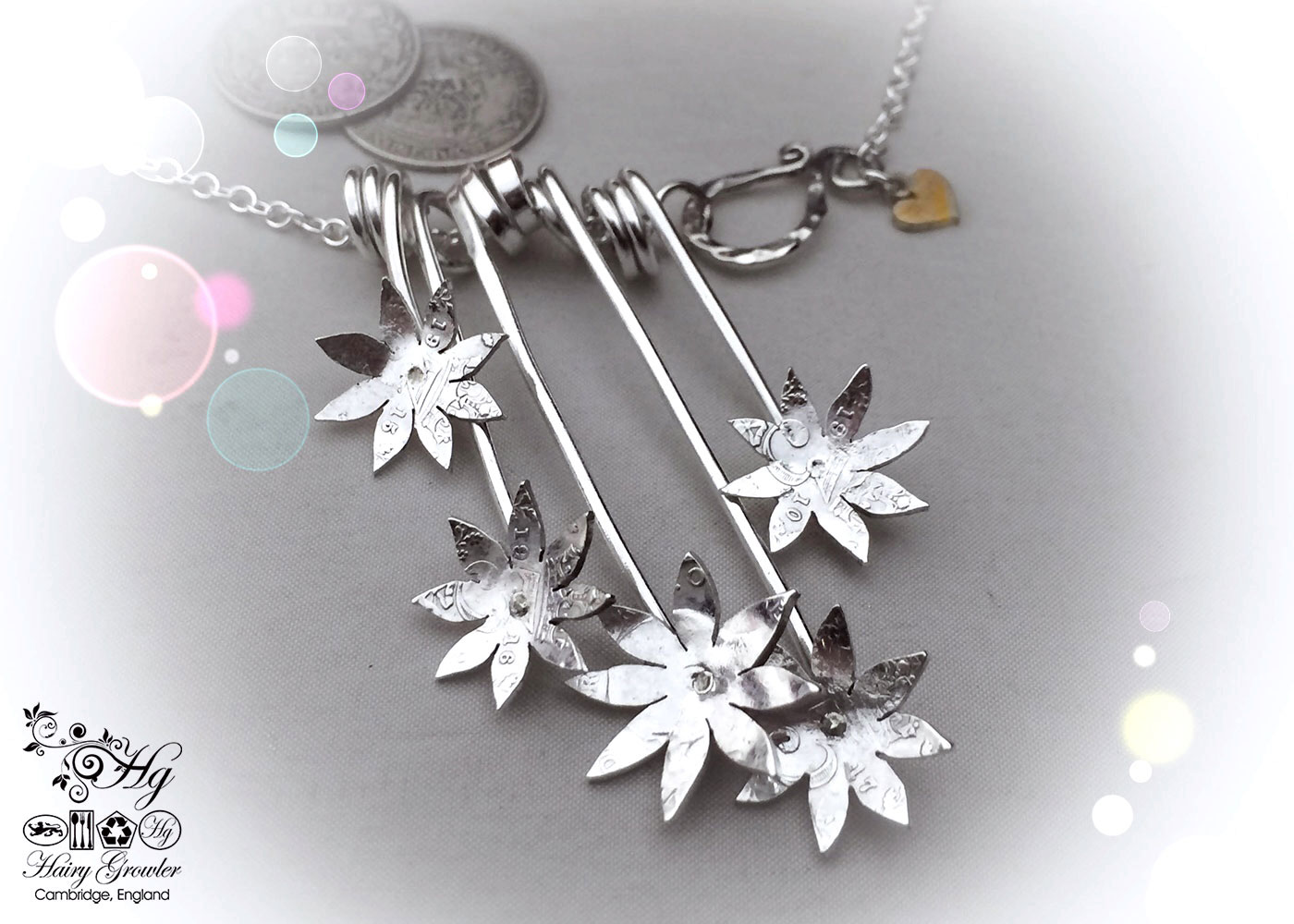 Handcrafted and recycled sterling silver beautiful flower necklace made from silver sixpence coins