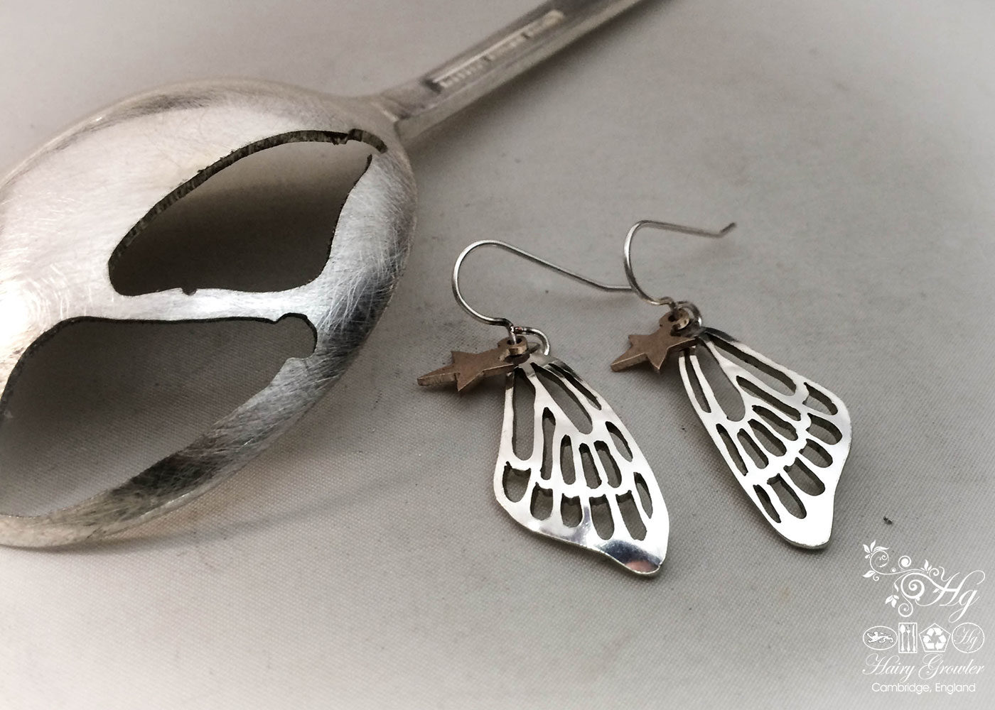 handmade and upcycled spoon butterfly wing earrings