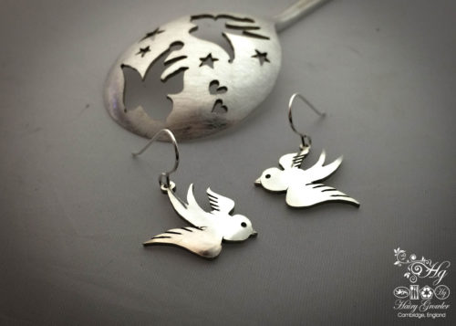 handmade and upcycled spoon swallow earrings