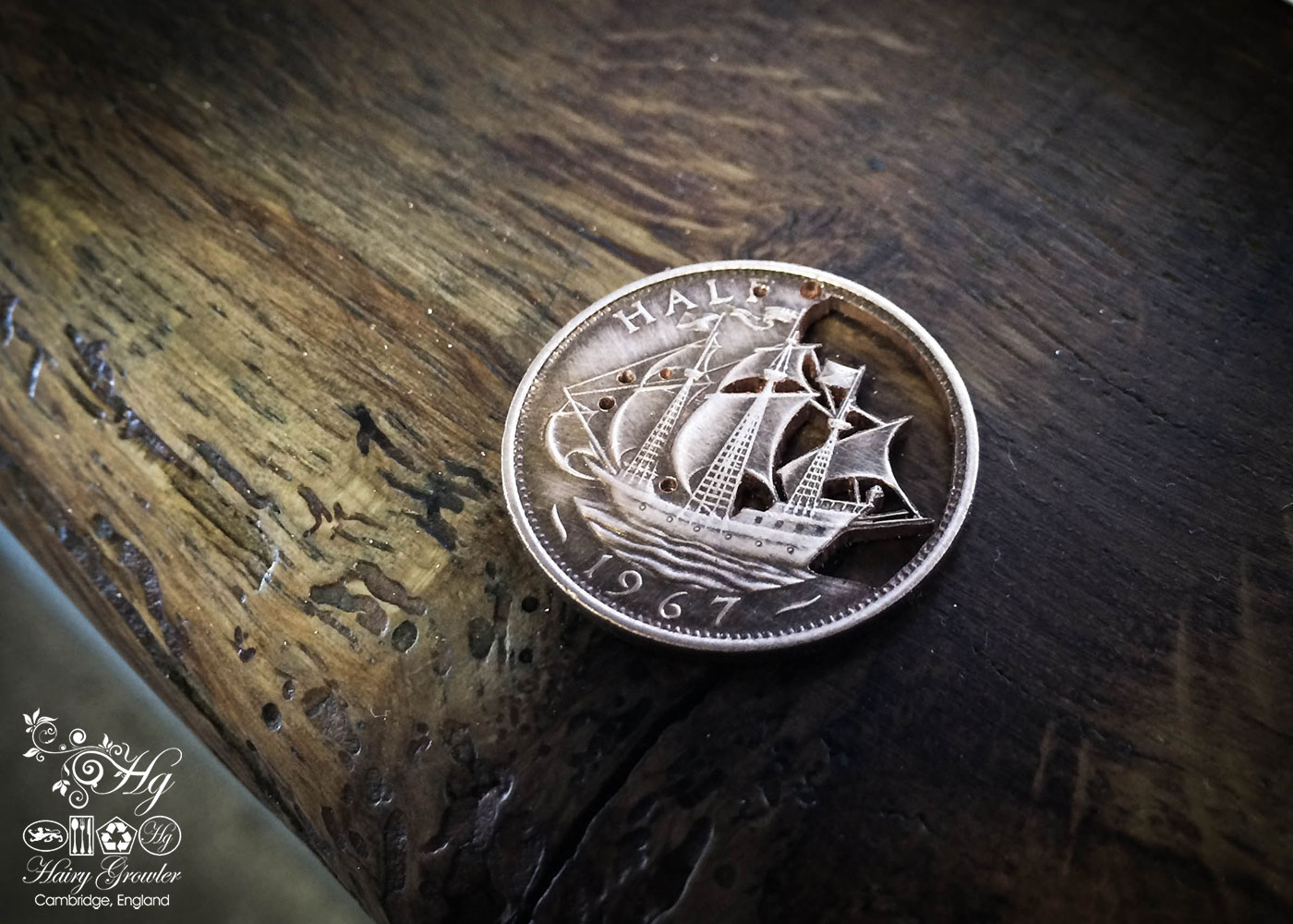 Handmade and upcycled Golden Hind ship coin pendant necklace
