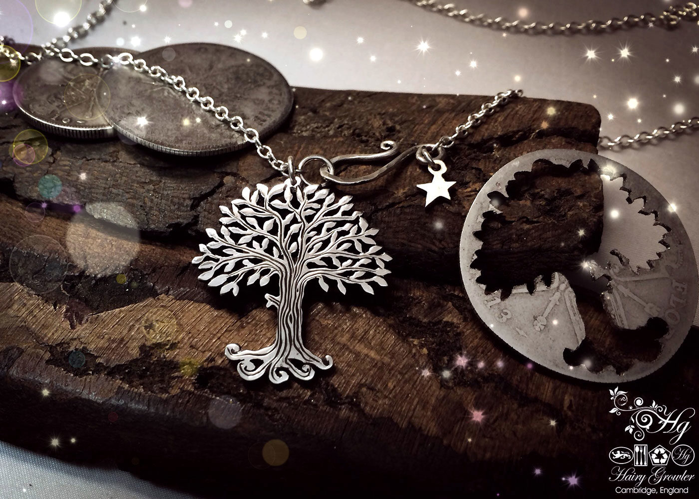 Handmade and upcycled silver Summer trees with leaves of pure silver made from a silver coin